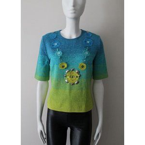 St. John Jeweled-Studded Knitted Ombre Top Size Petite XS Aqua Lime Green